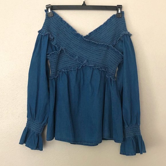 ASOS Denim Long Sleeve Off Shoulder Top SZ 8 - Picture 1 of 4